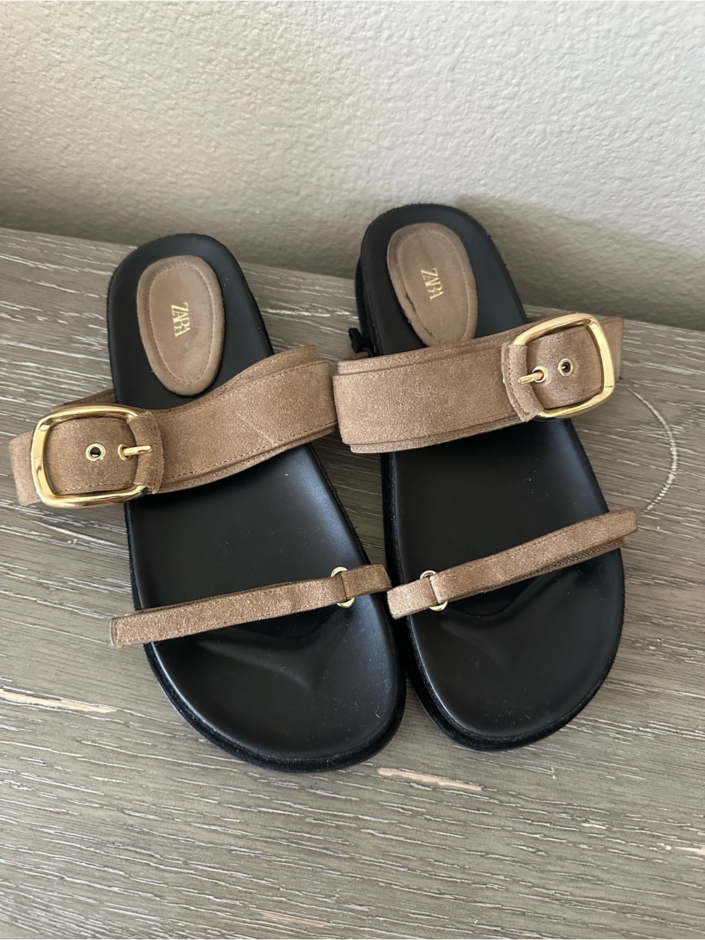 Zara Tan Suede Double-Strap Slide Sandals with Gold Buckles
